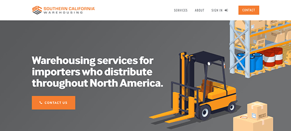 Website homepage for Southern California Warehousing featuring an illustration of a forklift loading boxes in a warehouse, with navigation links and a contact button.