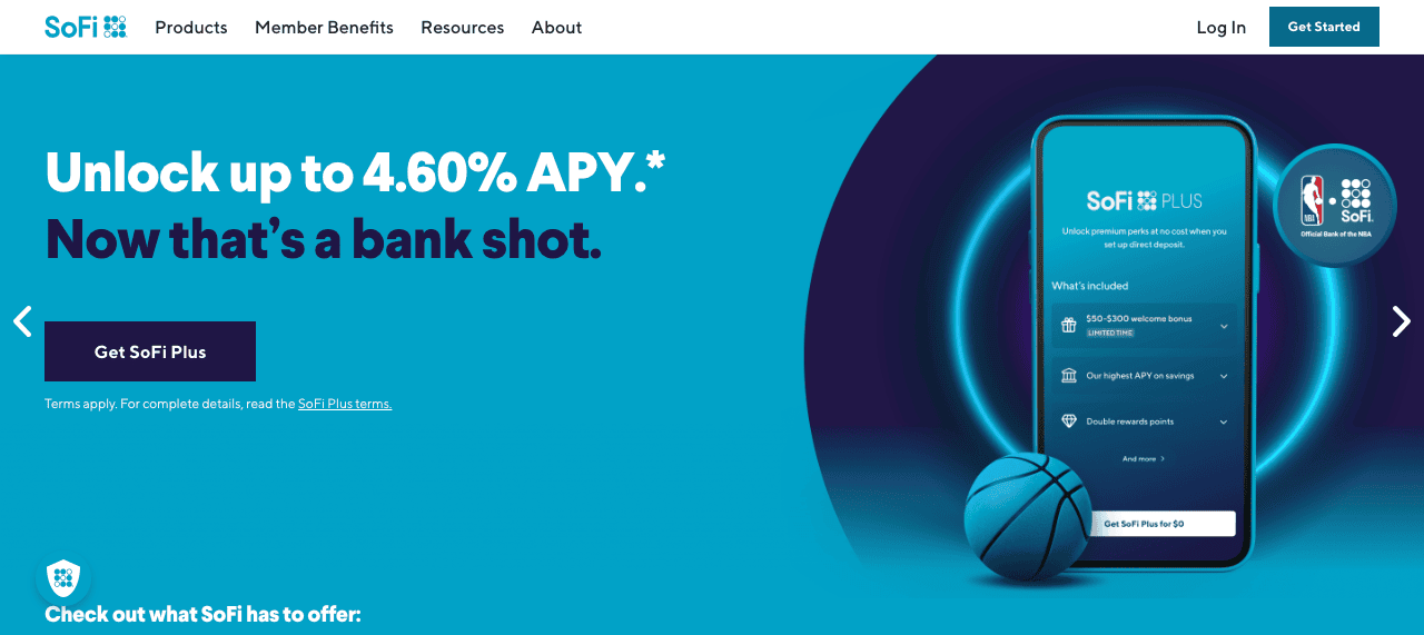 Website banner displaying a promotion "unlock up to 4.60% apy*" with a smartphone showing banking app features next to a basketball, emphasizing the term "bank shot.