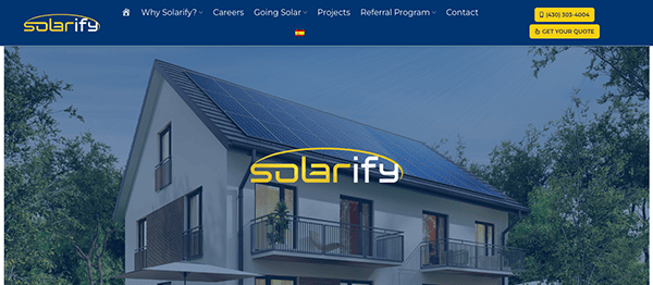 A modern two-story house with solar panels on its roof is displayed on the Solarify website. The top navigation bar includes links such as "Why Solarify?" and "Careers," and a phone number is seen on the right side.