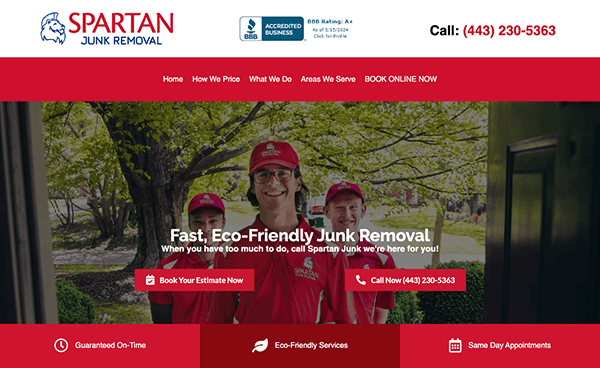 Screenshot of the Spartan Junk Removal website. The header displays the company logo, BBB accreditation, and contact number. Below, three staff members in red shirts and hats stand in a doorway.