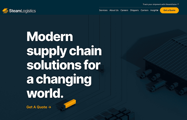Website homepage for SteamLogistics featuring a modern design with the text "Modern supply chain solutions for a changing world" and a "Get a Quote" button.