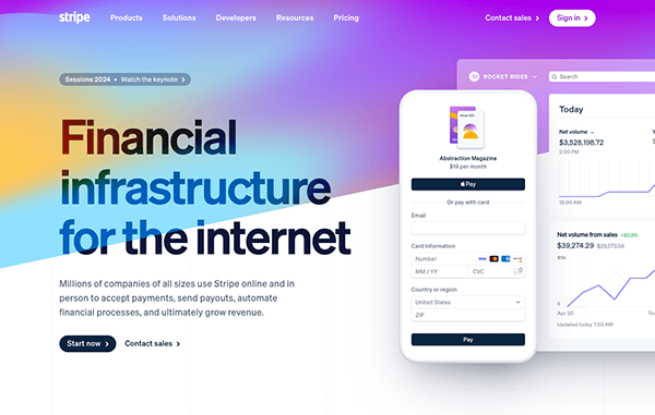 Website banner for stripe showcasing financial infrastructure tools, featuring graphics of a payment interface on a tablet and data analytics on a mobile screen.