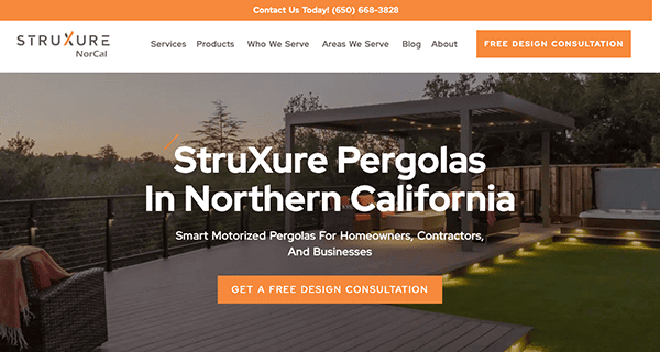 Website for StruXure NorCal, featuring smart motorized pergolas in Northern California. Includes a call-to-action for a free design consultation, with a background image of a modern pergola at sunset.