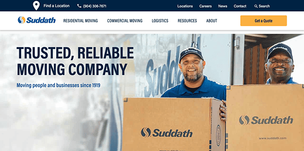 Two smiling movers from Suddath moving company holding boxes. Text on the image reads, "Trusted, Reliable Moving Company," and lists the company's services and contact number.