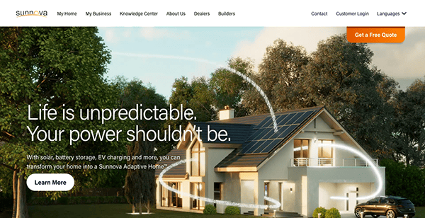 A modern house with solar panels on the roof is highlighted with text, "Life is unpredictable. Your power shouldn't be," promoting energy solutions like solar, battery storage, and EV charging from Sunnova.