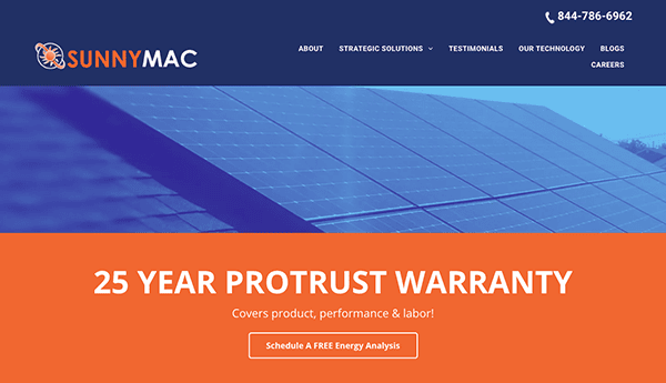 Screenshot of the SunnyMac website showing a banner that advertises "25 Year ProTrust Warranty" with options for scheduling a free energy analysis. The background features solar panels.