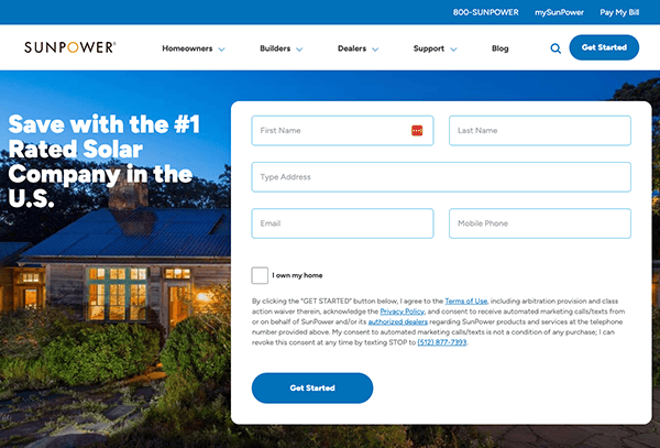 Screenshot of SunPower's website showing a form to get started with solar, an image of a house at night, and the text "Save with the #1 Rated Solar Company in the U.S.