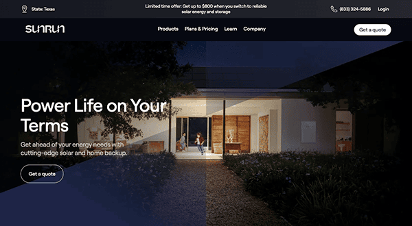 Website homepage for a solar energy company displaying a modern house at night with people inside, accompanied by text promoting solar and home backup solutions with options to get a quote.