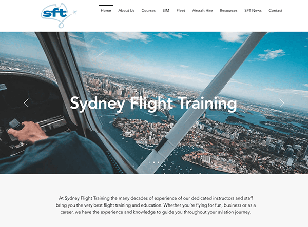 View from a cockpit over sydney's coastline, with pilot's hands on controls, and a website banner for sydney flight training.