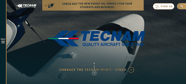 Top view of a tecnam aircraft with logo, promotional text for p2006t model, and a menu bar on a website interface.