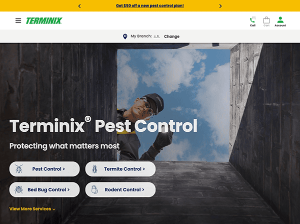 A pest control worker in a uniform inspects a building. The webpage offers pest control services such as termite control, bed bug control, and rodent control. Terminix logo and contact options are visible.
