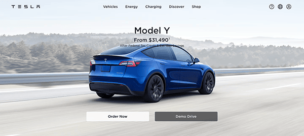 A blue tesla model y drives on a road with a forest in the background, visible on the tesla website showcasing price and options.