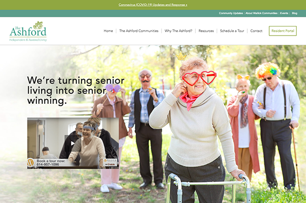 A group of smiling seniors is outdoors, some dressed in festive costumes. The text reads, "We're turning senior living into senior winning." An inset shows a senior woman using a walker with a phone number.