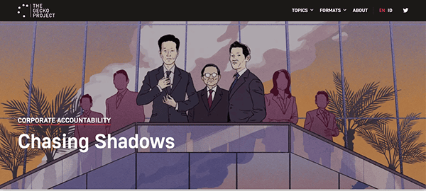 Illustration of four businesspeople, three standing and one seated, in formal attire at a corporate event, featured in a banner for "chasing shadows" on the gecko project website.