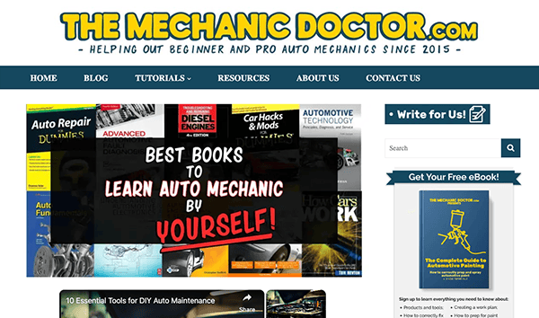 Screenshot of The Mechanic Doctor website featuring an article titled "Best Books to Learn Auto Mechanic by Yourself!" The site includes sections for tutorials, resources, and a sidebar promoting a free eBook.