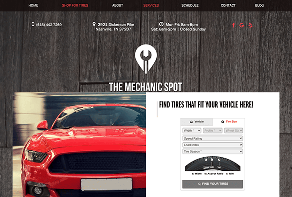 Website screenshot of "The Mechanic Spot" featuring a red car, navigation menu, contact information, and a tool to find the right tires for a vehicle based on various parameters.