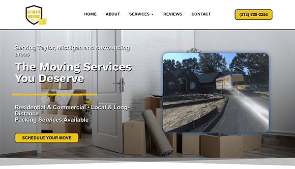 Screenshot of the main page of a moving company's website, featuring a banner with the company's contact number, service areas, and a photo of a moving truck near a house.