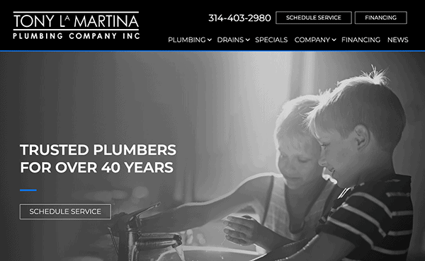 Two children washing their hands at a sink in an advertisement for Tony La Martina Plumbing Company Inc., showcasing a tagline about trusted plumbers for over 40 years and contact details.
