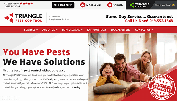 Promotional webpage for Triangle Pest Control offering same-day service. Features a family on a couch, contact number, 4.9-star rating, and a banner reading, "You Have Pests, We Have Solutions.