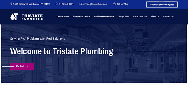 Screenshot of Tristate Plumbing's website homepage with contact information, services listed, and a "Submit A Service Request" button. The page headline welcomes visitors and offers options to contact the company.