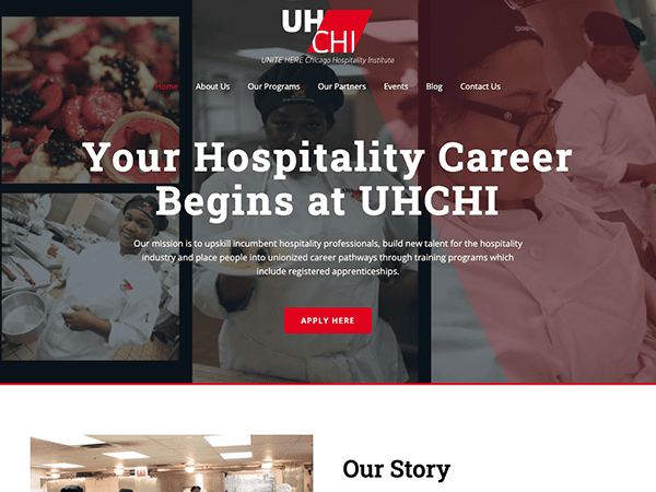 A website for UNITE HERE Chicago Hospitality Institute (UHCHI) focuses on hospitality career training, showcasing a prominent headline: "Your Hospitality Career Begins at UHCHI" with an inviting "Apply Here" button.
