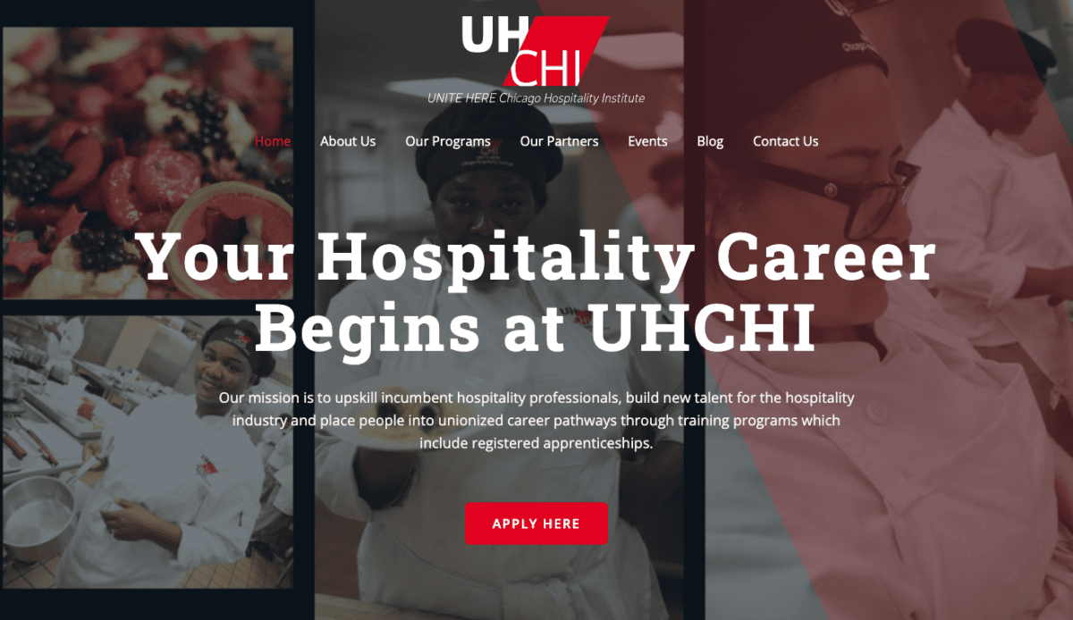 Webpage for UHI, promoting hospitality careers with sections on their story, programs, partners, impact, success stories, and call-to-action buttons. Includes images of students and graduates in hospitality roles.