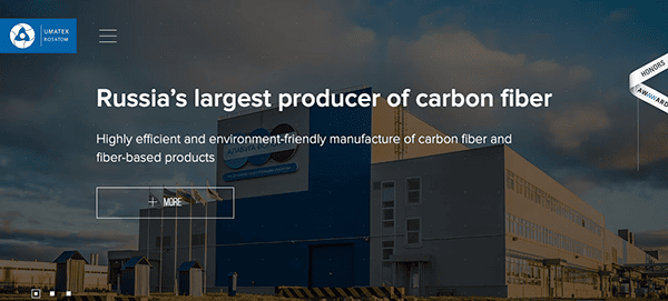 Website banner for umatex, advertising itself as russia's largest producer of carbon fiber, featuring an image of its industrial facility.