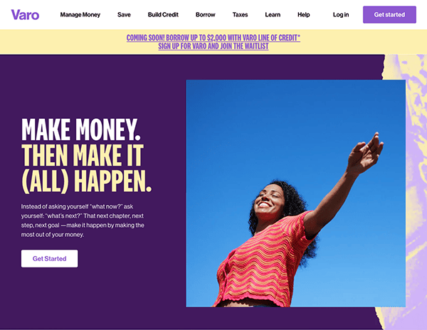 A joyful woman with her arm raised against a clear blue sky on a promotional webpage for varo bank, featuring text about money management and a "get started" button.