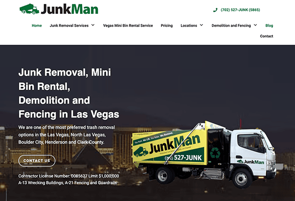 Image of the Junk Man website homepage featuring services like junk removal, mini bin rental, demolition, and fencing in Las Vegas. It includes contact information and a photo of a Junk Man truck.