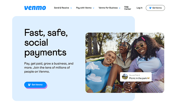 Homepage of venmo website featuring a banner with three joyful young people in a park, and text promoting fast, social payments.