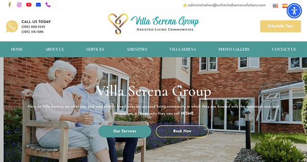 Screenshot of a website for Villa Serena Group Assisted Living Communities featuring contact information, navigation menu, elderly couple, and options to learn about services or book a tour.