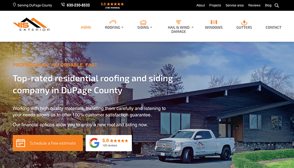 VIS Exterior website homepage highlighting residential roofing and siding services in DuPage County, featuring a service truck and a call-to-action for a free estimate.