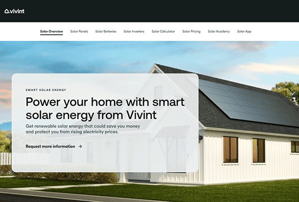 A webpage featuring a white house with solar panels on its roof, promoting smart solar energy from Vivint, suggesting potential savings and protection from rising electricity prices.