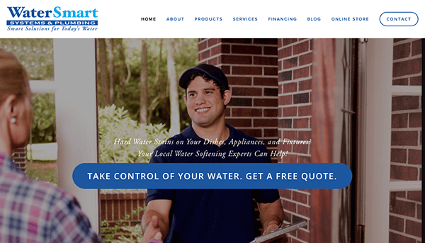 A man in a blue uniform and cap smiles and holds a clipboard while standing at a brick house entrance. Text on the image promotes water softening services and offers a free quote.