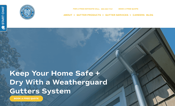 Website screenshot showing an advertisement for Weatherguard Gutters. It displays a house gutter system and includes a button labeled "BOOK A FREE QUOTE" with navigation options at the top.
