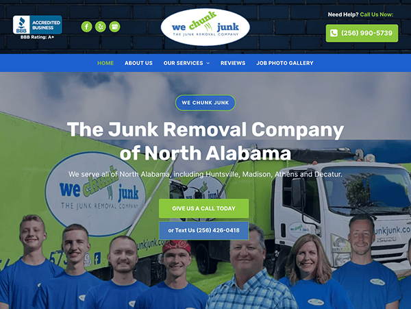 Screenshot of "We Chunk Junk" website showing a team of workers in blue shirts in front of their branded junk removal truck. Text highlights their service areas: Huntsville, Madison, Athens, and Decatur.