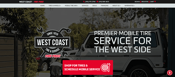 Website header for "west coast tire & service" featuring a white suv, promotion for premier mobile tire service, and navigational menu.