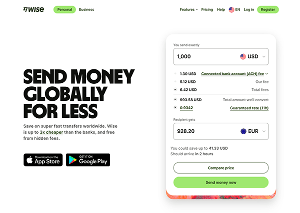 Website landing page for a money transfer service, highlighting the features of sending money globally with comparative fees and currency conversion rates.