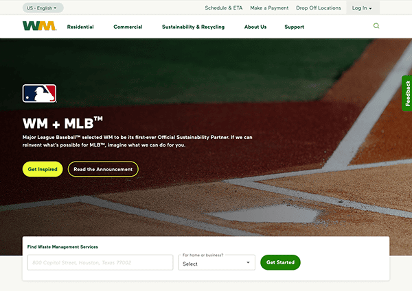 Screenshot of WM website featuring its partnership with Major League Baseball. The page includes navigation links, a search tool for finding services, and buttons to get inspired and read the announcement.