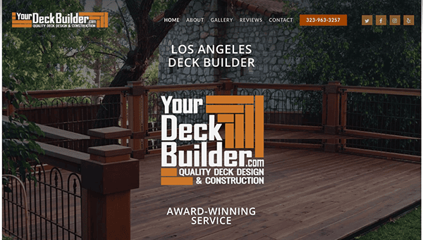Screenshot of the homepage for Your Deck Builder, a deck construction company in Los Angeles, featuring a wooden deck and contact information. The website highlights their award-winning service.