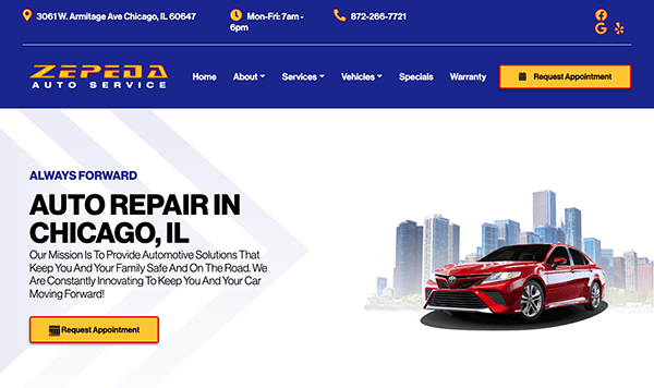 Screenshot of Zepeda Auto Service website banner. Text reads "Auto Repair in Chicago, IL" and offers information about their services, mission, and contact details. An image shows a red car with a city skyline backdrop.