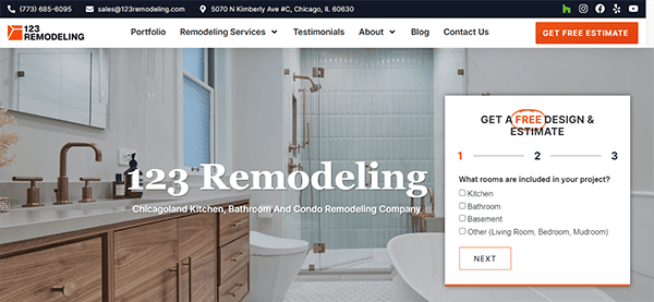Screenshot of a home remodeling website with a header featuring a bathroom image. The site offers kitchen, bathroom, and condo remodeling services. A pop-up form for free estimates is visible on the right.