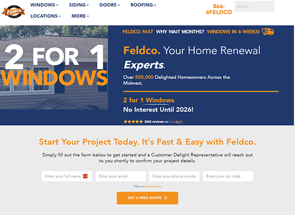 Screenshot of Feldco's website showcasing a promotion for windows with the text "2 for 1 Windows, No Interest Until 2026!" and a prompt to get a free quote by filling out a form.