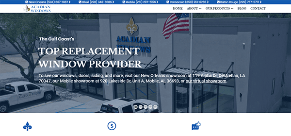 Screenshot of Acadian Windows' website displaying their specialty in replacement windows. Contact details for various locations are listed at the top. Their main showroom and virtual showroom links are also provided.