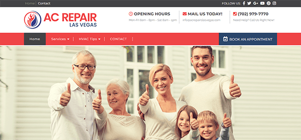 A group of people standing outside a house, smiling and giving thumbs up. The website banner above includes the logo "AC Repair Las Vegas" and contact information.