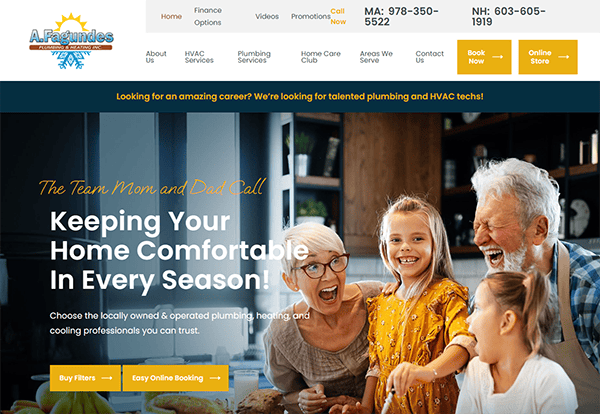 Website homepage for A.Fagundes Plumbing, Heating, & Air Conditioning featuring contact details, services offered, and an image of an enthusiastic family inside a kitchen.