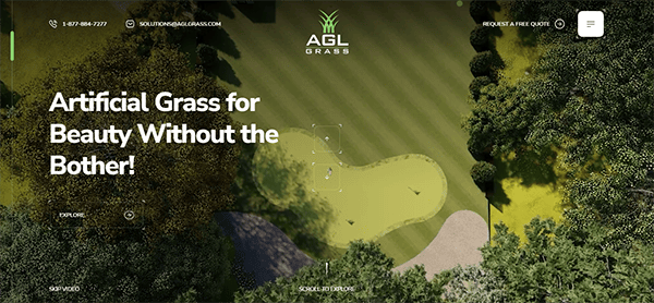 Aerial view of a golf course with text overlay: "Artificial Grass for Beauty Without the Bother!" and contact details for AGL Grass.