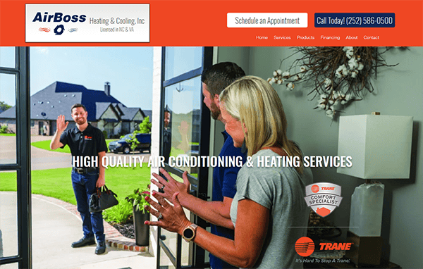 A heating and cooling technician waves while entering a home. A couple stands at their door in greeting. The image promotes AirBoss Heating & Cooling, emphasizing high-quality air conditioning and heating services.
