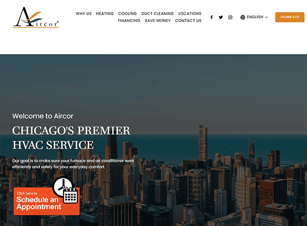 Aircorr website homepage showcasing their HVAC services with text "Chicago's Premier HVAC Service" over a city skyline image and a button to schedule an appointment.