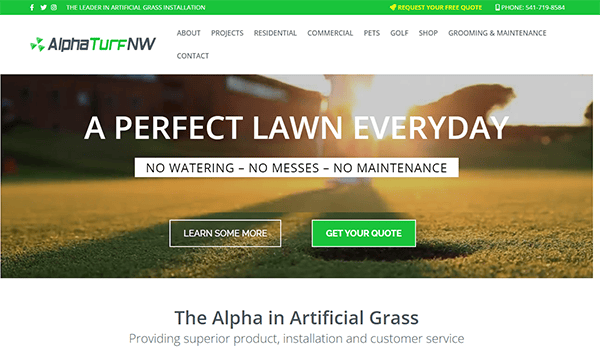 Screenshot of AlphaTurfNW's website, highlighting their slogan "A Perfect Lawn Everyday" with options to "Learn More" and "Get Your Quote." The page mentions artificial grass installation and services.